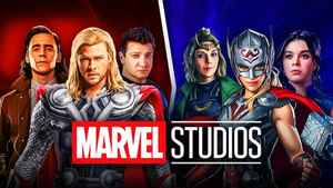MCU heroes Loki, Thor, Hawkeye, gender-swapped versions, Marvel Studios logo