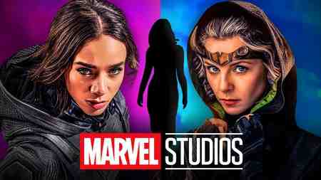 Marvel Studios villains Ghost and Sylvie, Marvel Studios logo, villain woman silhouette