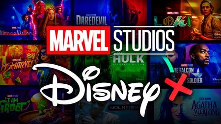 Marvel Studios and Disney+ logos with MCU poster collage