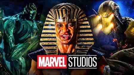 Rama-Tut and two Celestials behind the Marvel Studios logo.