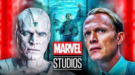 Paul Bettany as White Vision and Human Vision, Marvel Studios logo.