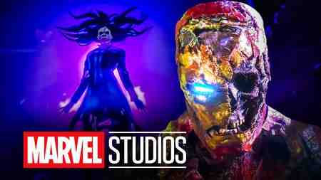 Marvel Zombies wallpaper with Marvel Studios logo and zombified Iron Man and Scarlet Witch