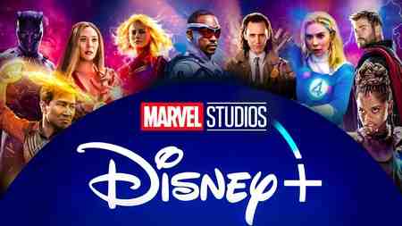 Marvel Studios and Disney+ logos, MCU superheroes.