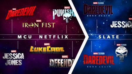 MCU Netflix slate with logos from Daredevil, Jessica Jones, Luke Cage, Punisher, Iron Fist