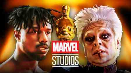 Michael B. Jordan as Killmonger, Benicio Del Toro as the Collector with Oscar statue