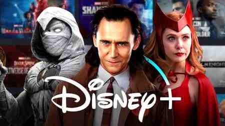 Moon Knight, Loki, and Wanda Maximoff with a Disney+ logo in front of them