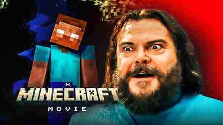 Jack Black as Steve with Herobrine and A Minecraft Movie logo.