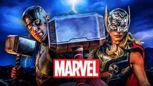 Captain America, Jane Foster, Mjolnir, Marvel logo.