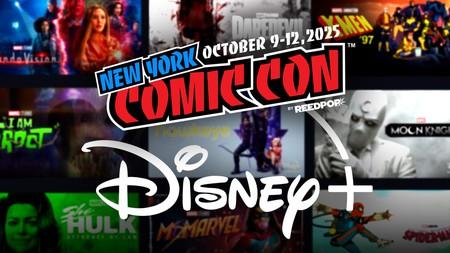 New York Comic-Con and Disney+ logos; MCU title cards in background.