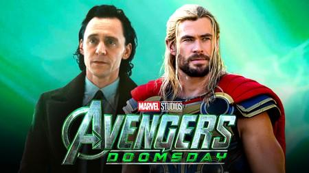 Tom Hiddleston as Loki, Chris Hemsworth as Thor, Avengers: Doomsday logo