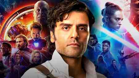 Oscar Isaac as Poe Dameron, Avengers: Infinity War and Star Wars posters.