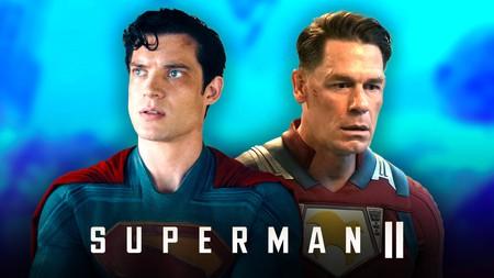 David Corenswet's Superman, John Cena's Peacemaker; Superman ll logo.