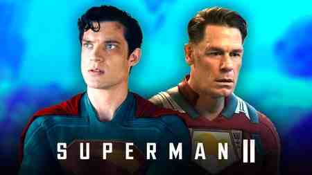 David Corenswet's Superman, John Cena's Peacemaker; Superman ll logo.