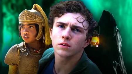 Leah Sava Jeffries, Walker Scobell, and a cloaked figure from Percy Jackson Season 2