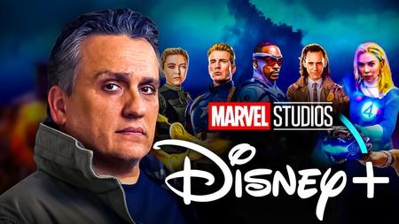 Joe Russo, MCU heroes from Multiverse Saga, Marvel Studios and Disney Plus logos
