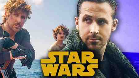Ryan Gosling in Starfighter and Blade Runner, Star Wars logo.