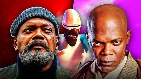 Mace Windu, Nicky Fury, and Frozone in front of a red and purple background.