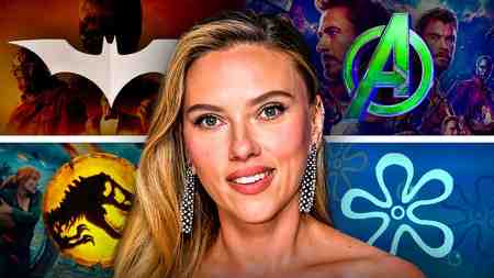 Scarlett Johansson movie franchise logos Marvel, Batman, Jurassic World, SpongeBob