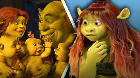 Shrek, Fiona, and their triplets next to Zendaya's grown-up Felicia.
