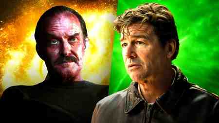 Hal Jordan in front of a green background next to Sinestro in front of a yellow one.