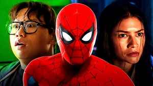 Jacob Batalon as Ned Leeds, Tom Holland as Spider-Man, Zendaya as MJ.