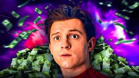 Tom Holland as Spider-Man, box office money cash in background.