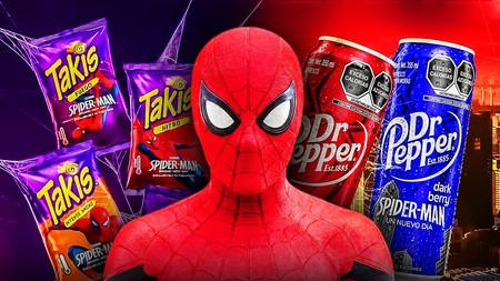 Takis chips, Spider-Man, Dr. Pepper cans.