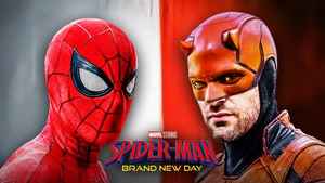 Spider-Man, Charlie Cox as Daredevil, 'Spider-Man: Brand New Day' title card.