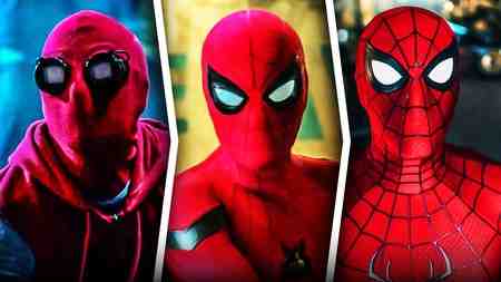 Tom Holland in homemade Spider-Man suit, Stark tech suit, and 'Brand New Day' suit.