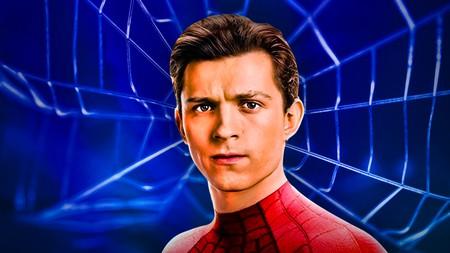 Tom Holland as Peter Parker Spider-Man in front of spider web art