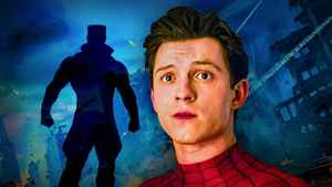 Tom Holland as Spider-Man next to a villainous silhouette.