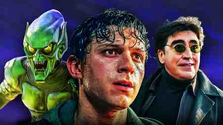 Peter Parker in front of Green Goblin and Doctor Octopus