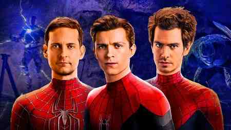Spider-Men in live-action against blue background.