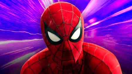 Tom Holland's Spider-Man from Brand New Day in front of a purple background.