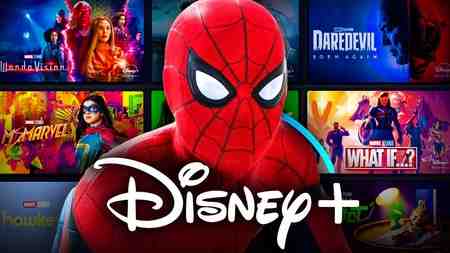 Spider-man, Disney Plus logo, MCU shows in background