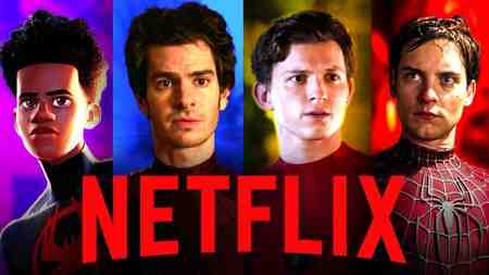 Miles Morales, Andrew Garfield, Tom Holland, and Tobey Maguire alongside Netflix logo.