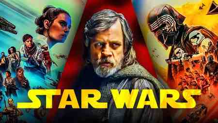 Mark Hamill as Luke Skywalker with the Star Wars logo in front of him