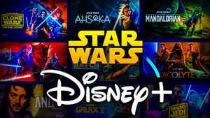 Star Wars and Disney Plus logos, TV banner posters.