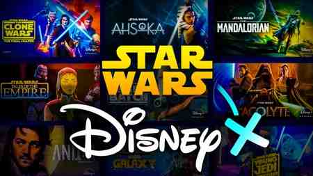 Star Wars and Disney Plus logos, series slate in background