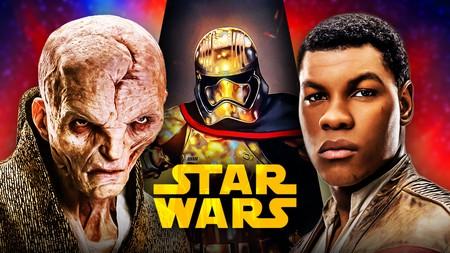 Snoke, Finn, and Captain Phasma behind the Star Wars logo.