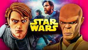 Mace Windu and Anakin Skywalker next to the Star Wars logo.