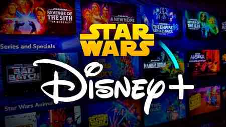 Star Wars and Disney Plus logos, posters in background
