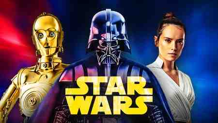 Lucasfilm characters Rey, Darth Vader and C-3PO alongside Star Wars' logo.
