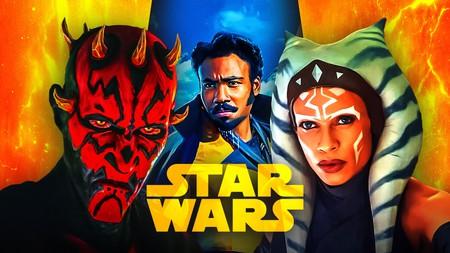Star Wars characters Darth Maul, Lando Calrissian and Ahsoka Tano alongside Star Wars logo.