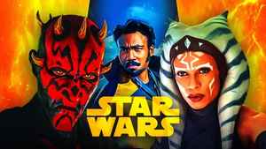 Star Wars characters Darth Maul, Lando Calrissian and Ahsoka Tano alongside Star Wars logo.