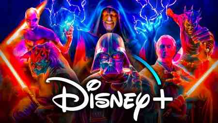 Star Wars villains Maul, Asajj Ventress, Palpatine, Darth Vader, Count Dooku, Disney plus logo