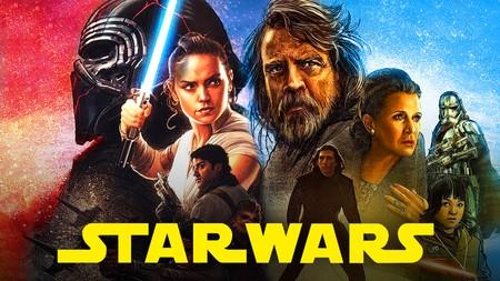 Kylo Ren, Rey, Luke Skywalker, Leia, Poe, Phasma, Rose Tico Star Wars logo