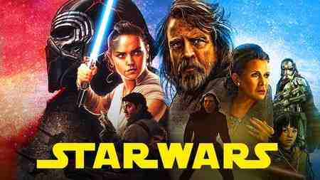 Kylo Ren, Rey, Luke Skywalker, Leia, Poe, Phasma, Rose Tico Star Wars logo