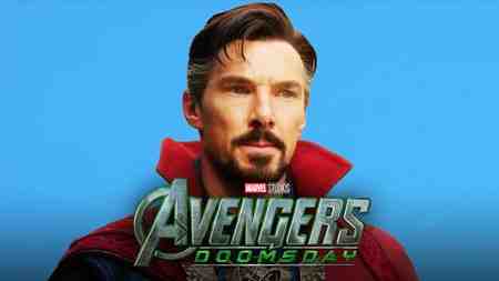 Benedict Cumberbatch's Doctor Strange alongside Avengers: Doomsday logo.