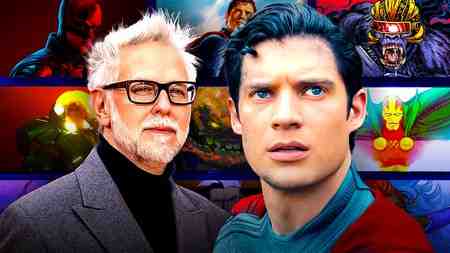 James Gunn and David Corenswet alongside thumbnails multiple DCU projects.